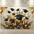 Elegant black and gold graduation backdrop with floating mortarboards for party decor - Graduation Celebration Black Gold Decoration (SBJ-005) / 95x75cm