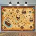 Toile de fond carte au trésor de pirate avec navires et crânes pour décoration - Carte de Pirate Vintage (SBJ-006) / 95x75cm