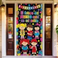 Bannière de porte sur le thème de l'école avec texte espagnol et illustrations enfants - Style de Bienvenue Espagnol (ML-008) / 90x180cm