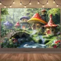 Sfondo fotografico foresta di funghi fiabeschi per decorazione festa di compleanno bambini - Stile Paesaggio Fiabesco Squisito (YD-BJB282)