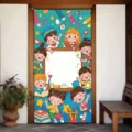 Rideau de porte vibrant thème école dessin animé pour décoration de classe et hall - Style Illustration Étudiants Dessin Animé Chibi (ML-009) / 90x180cm