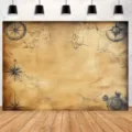 Toile de fond carte au trésor de pirate vintage pour décoration fête anniversaire enfant - Carte Nautique Boussole (SBJ-007) / 95x75cm / Jaune Vintage