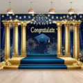 Festive blue and gold graduation backdrop with Roman columns fireworks and graduation cap - Deep Blue & Gold Roman Column Style (SBJ-006) / 95x75cm