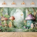 Sfondo foresta con casa a fungo fatato per fotografia di feste per bambini. - Stile Foresta Casa Fungo Colorato (SBJ-008)