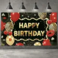 Geburtstagshintergrund mit Leopardenmuster, goldener Aufschrift und Ballons - 95x75cm