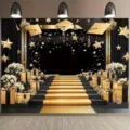 Black and gold graduation backdrop with mortarboards, stars, and golden stairs decor - Graduation Ceremony Backdrop (SBJ-007) / 95x75cm