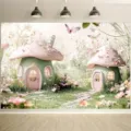 Sfondo fotografico foresta casa fungo fiabesco per festa di compleanno bambini - Stile Casa Fungo Rosa-Verde Morandi (SBJ-009)
