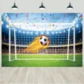 Lebendiger Fußballstadion-Partyhintergrund mit flammendem Fußball und buntem Konfetti-Dekor - Feuer Fußballstadion (SBJ-007)