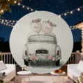 Romantische ronde bruiloft achtergrond met vintage auto en Just Married ballonnen - Vintage Trouwauto Stijl (Y-010)