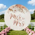 Florale ronde bruiloft achtergrondhoes met Miss to Mrs script voor feestdecor - Bloemen Miss to Mrs (Y-014)
