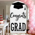 White arched graduation backdrop cover with Congrats GRAD text for party decoration - Regular Polyester / 50X120CM