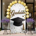 Graduation ceremony arch backdrop with mortarboard cap and Graduate lettering - Black Gold Polka Dot Graduate Style (SGX-004) (Regular Polyester) / 50X120CM
