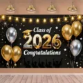 Black and gold graduation backdrop with Class of 2026 balloons for party decoration - Graduation Black Gold Backdrop (SBJ-008) / 95x75cm