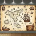 Toile de fond thème carte au trésor pirate rétro pour décoration de fête d'anniversaire - Carte Nautique Rétro (SBJ-009) / 95x75cm