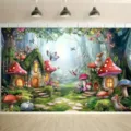 Sfondo fotografico bosco di funghi fiabesco per decorazioni di feste di compleanno bambini - Stile Foresta Fiabesco Dipinto (SBJ-010)
