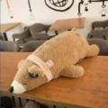 Soft brown plush polar bear sleeping doll with striped scarf on a wooden cafe table - Prone Bear Style / 45 cm / Brown