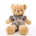 Vintage style dressed teddy bear plush toy featuring curly fur and plaid overall outfit - Boy Style Vintage Bear / 60 cm