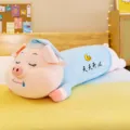 Large cute sleeping pink pig plush toy long pillow with blue sleepwear and nightcap - Happy Everyday / 70 cm / Blue