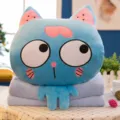 Süßes blaues Cartoon-Katzen-Plüschkissen mit 3-in-1 faltbarem Deckenset für den Mittagsschlaf - Blaue Katze mit runden Augen