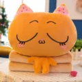 Niedliches orangefarbenes Cartoon-Katzen-Plüschkissen und Decke 3-in-1-Set für Nickerchen - Gelbe blinzelnde Katze