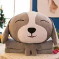 Weiches 3-in-1-Cartoon-Hundeplüschkissen mit grauer Fleecedecke und Handwärmer. - Grauer Schlappohr-Hund