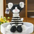 Cute black and white plush cat toy wearing a stylish black and white striped sweater - S / Devon Rex Cat