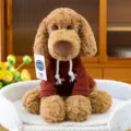 Adorable brown plush dog wearing a dark red hoodie sitting in a cozy white pet bed - S / Lop-eared Dog