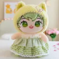 Adorable muñeca de algodón con pelo verde, vestido de cuadros y gorro amarillo con orejas - 35cm / Amarillo