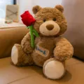 Cute brown teddy bear plush toy holding a red rose, soft curled fur romantic gift bear - Height Approx 28cm / Brown (Red Flower Style)