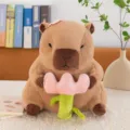Adorabile peluche di capibara marrone che tiene un fiore di tulipano rosa per bambini - Stile con Fiore in Mano / 30cm