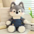 Adorable grey wolf plush toy wearing denim overalls, soft stuffed animal for birthday gift - Running Wolf - Denim Overalls / 50cm