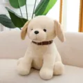 Adorable cream Labrador retriever plush dog toy with a brown leather-style collar - 23cm / Khaki