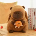 Adorable brown capybara animal plush backpack featuring a mini burger mascot detail - Hamburger / 30cm