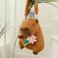 Soft brown plush capybara backpack decorated with a pink flower accessory - Pink Floral / 30cm