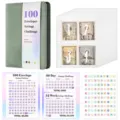 Classeur d'épargne vert en cuir PU avec défi de 100 enveloppes et fiches de 52 semaines - Kit Défi 100 Jours (Classeur + Enveloppes + Autocollants + Papier) / Vert