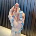 Blue beaded phone strap with cute floral pendant, stylish bag charm variant accessory - Blue