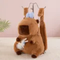 Cute brown capybara plush backpack for girls with blue checkered bow and rabbit accessory - Capybara Blue Bow Style