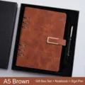Premium A5 brown leather loose-leaf notebook gift set with signature pen and black box - Gift Set (With Pen) / A5 / Brown