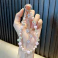 Cadena de teléfono elegante con perlas rosas, cristales y colgantes de corazón y mariposa - 1 Pieza/Paquete (Con Junta/Embalaje de Etiqueta) / Rosa
