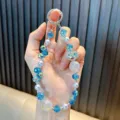 Handmade blue crystal and faux pearl beaded keychain with a sparkling heart charm - 1 Piece (With Gasket) / Blue