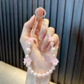 Handmade pink pearl phone charm with floral beads and clear crystal wristlet strap - Pink