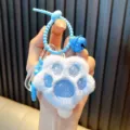 Cute light blue plush cat paw keychain with a matching blue bell and coiled spring strap - Blue
