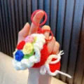 Handmade colorful crocheted flower bouquet keychain with red ring for bag charm gifts - Red Multicolor