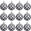 Set de 12 bolas de Navidad con purpurina a cuadros blancos y negros para el árbol - Estilo de Cuadros / Juego de 12