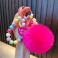 Cute pink pom pom keychain featuring colorful beaded chain and LOVE YOU heart charm - Barbie Pink (Random Beads Tag)