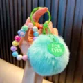 Cute beaded pompom keychain bag charm for girls featuring heart tag and plush ball - Lake Green (Random Beads Tag)