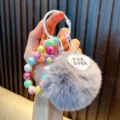 Cute grey faux fur pom-pom keychain with colorful gradient beads and heart charm - Gray (Random Beads Tag)
