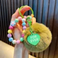 Colorful beaded keychain with green pom-pom and heart charm saying FOR EVER. - Army Green (Random Beads Tag)