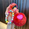 Cute colorful beaded keychain with red faux fur pom-pom and 'Love You' heart tag - Wine Red (Random Beads Tag)