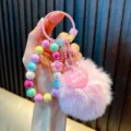 Cute beaded pom-pom keychain with colorful iridescent beads and pink heart charm - Pink (Random Beads Tag)
